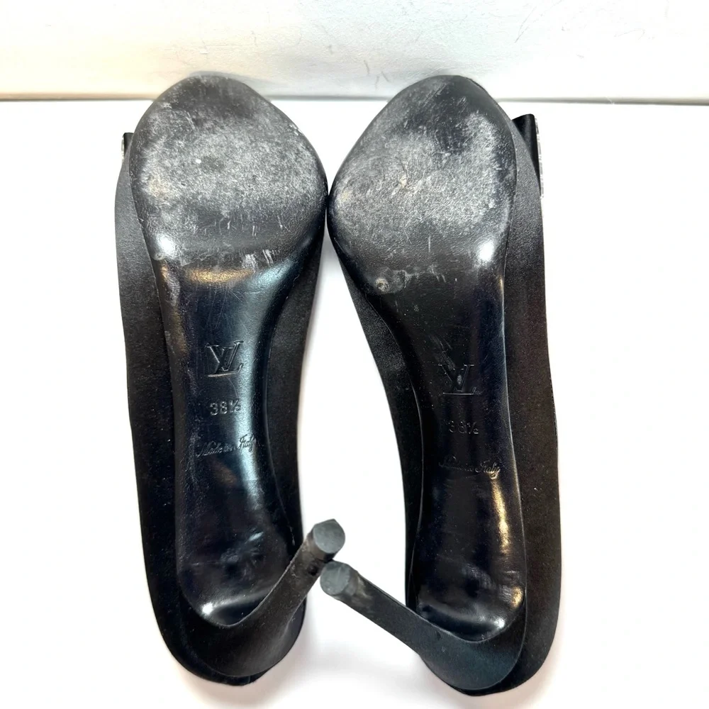 Louis Vuitton Music Hall Black Satin Peep Toe Heel W Mirror Crystal Logo Sz 38.5